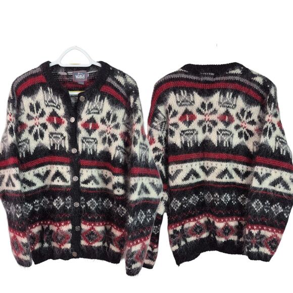 Woolrich Red Black White Vintage Mohair Button Front Cardigan Sweater Medium - Picture 1 of 3
